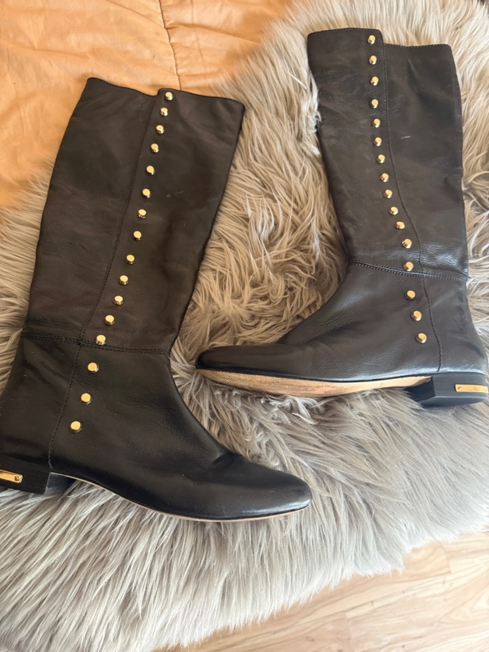 KORS Michael Kors Black Leather Over-the-Knee Boots with Gold Studs